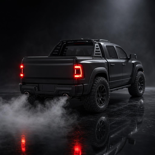Obsidian Rig · Raveluno TurboScent™ black off-road pickup aroma diffuser with exhaust mist and LED lights