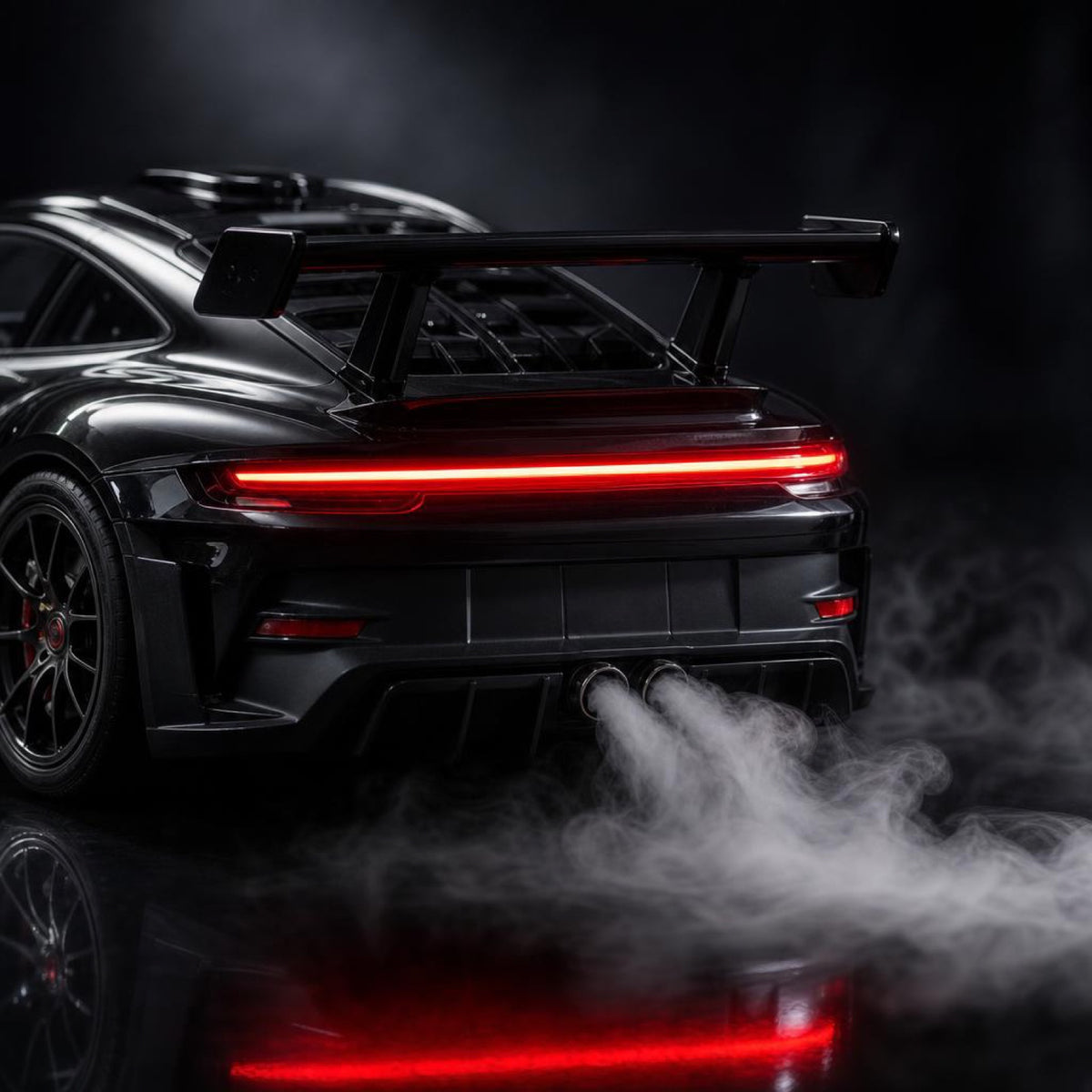 Close-up of the exhaust mist effect and glowing LED tail lights