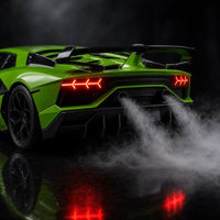 Close-up of the exhaust mist effect and glowing LED tail lights