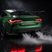 Close-up of the exhaust mist effect and glowing LED tail lights