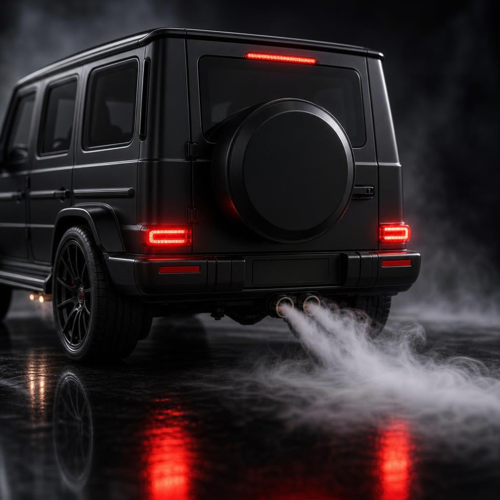 Close-up of the exhaust mist effect and glowing LED tail lights