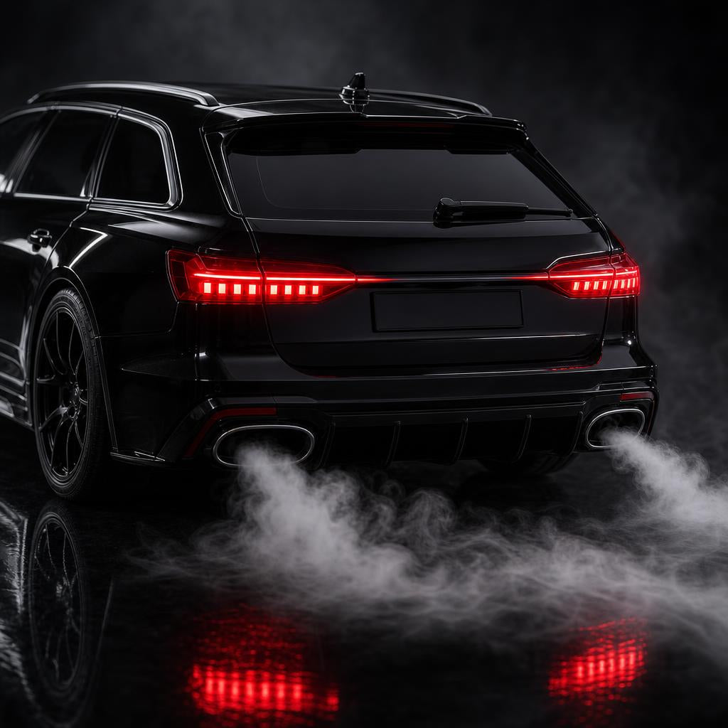 Close-up of the exhaust mist effect and glowing LED tail lights