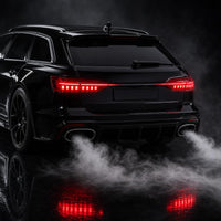 Close-up of the exhaust mist effect and glowing LED tail lights