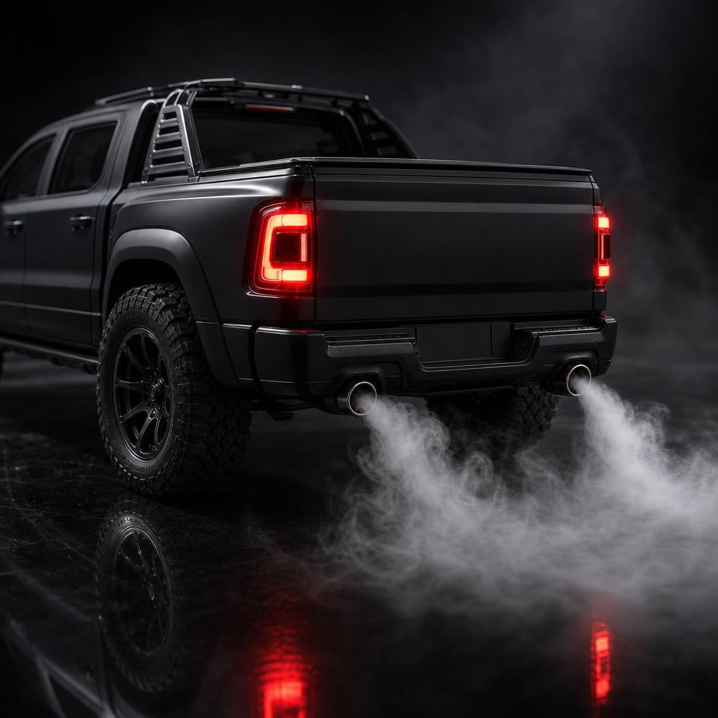Close-up of the exhaust mist effect and glowing LED tail lights