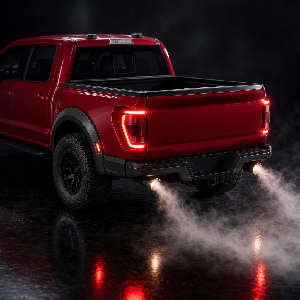 Close-up of the exhaust mist effect and glowing LED tail lights