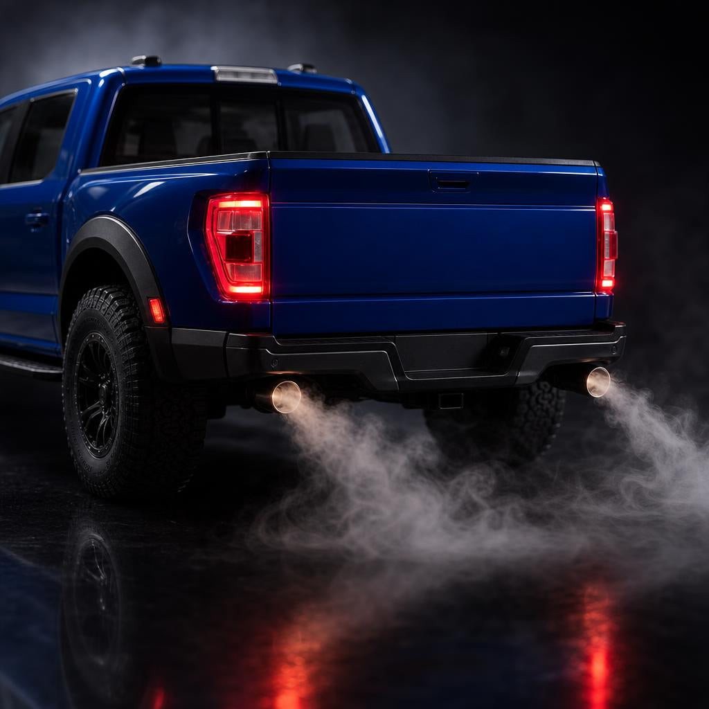 Close-up of the exhaust mist effect and glowing LED tail lights
