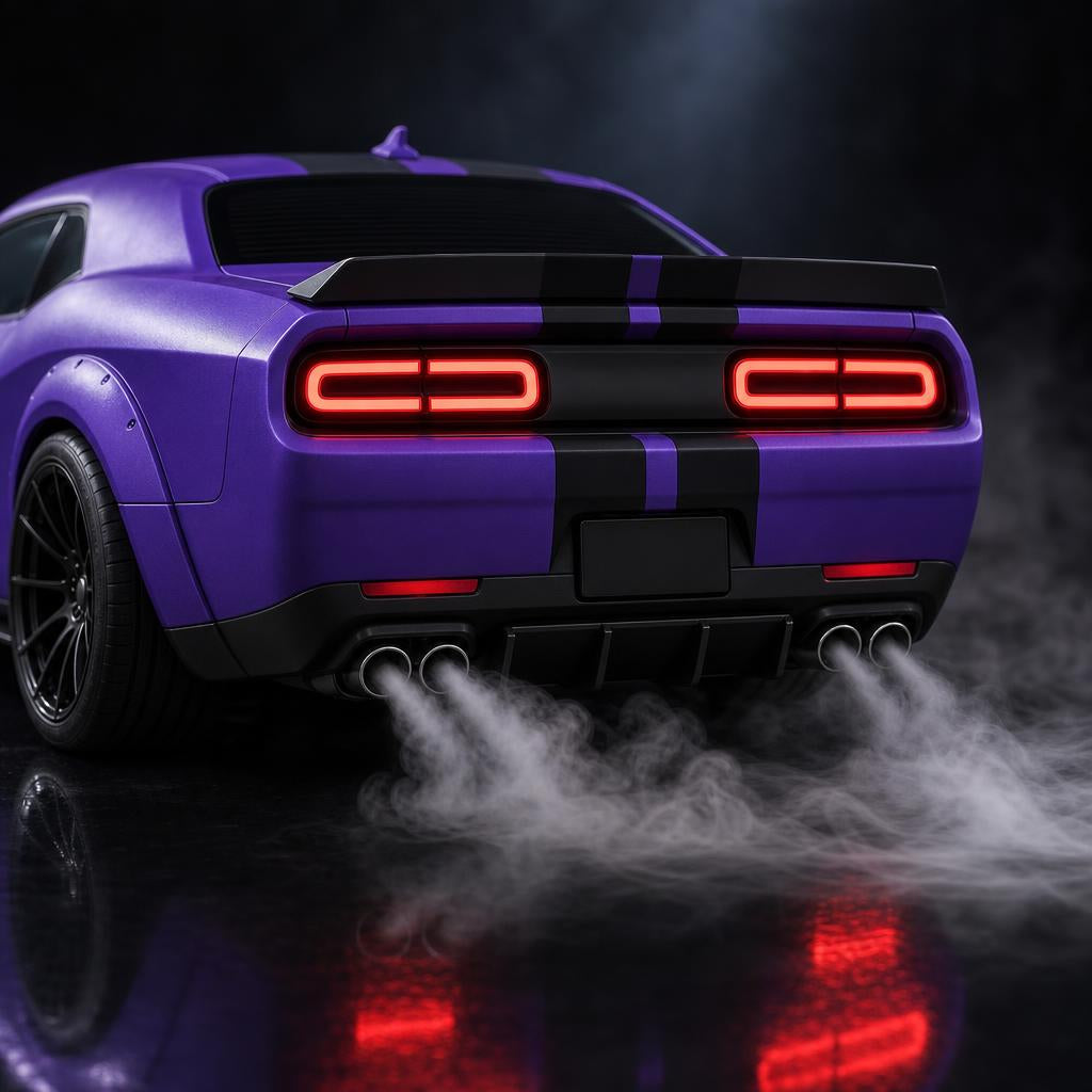 Close-up of the exhaust mist effect and glowing LED tail lights