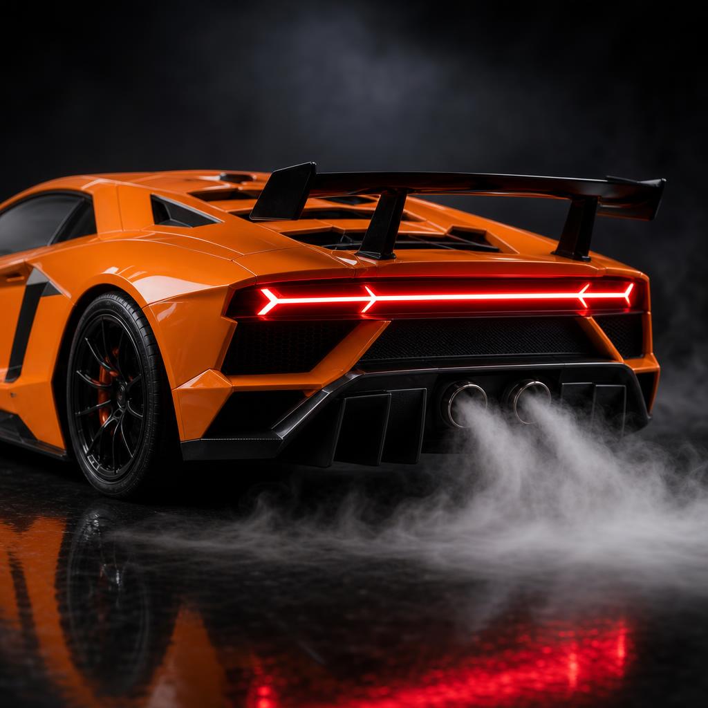 Close-up of the exhaust mist effect and glowing LED tail lights