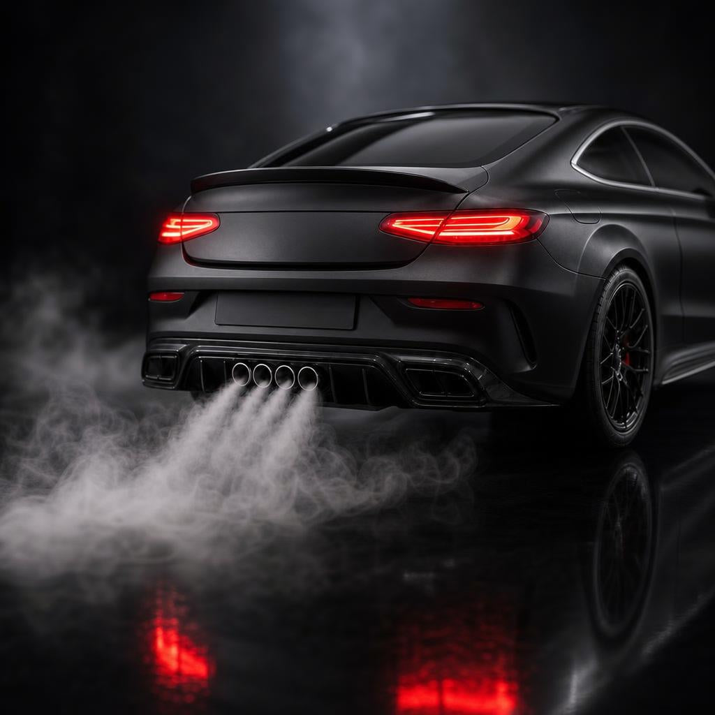 Close-up of the exhaust mist effect and glowing LED tail lights