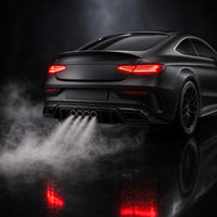 Close-up of the exhaust mist effect and glowing LED tail lights
