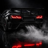 Close-up of the exhaust mist effect and glowing LED tail lights